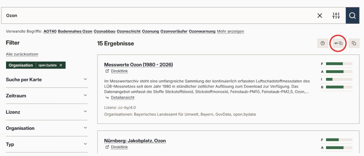 Abbildung 2: Oben rechts finden Sie einen Button, mit dem Sie den API-Link generieren lassen können, den Sie als Input für die Funktion fetch_by_url benötigen.